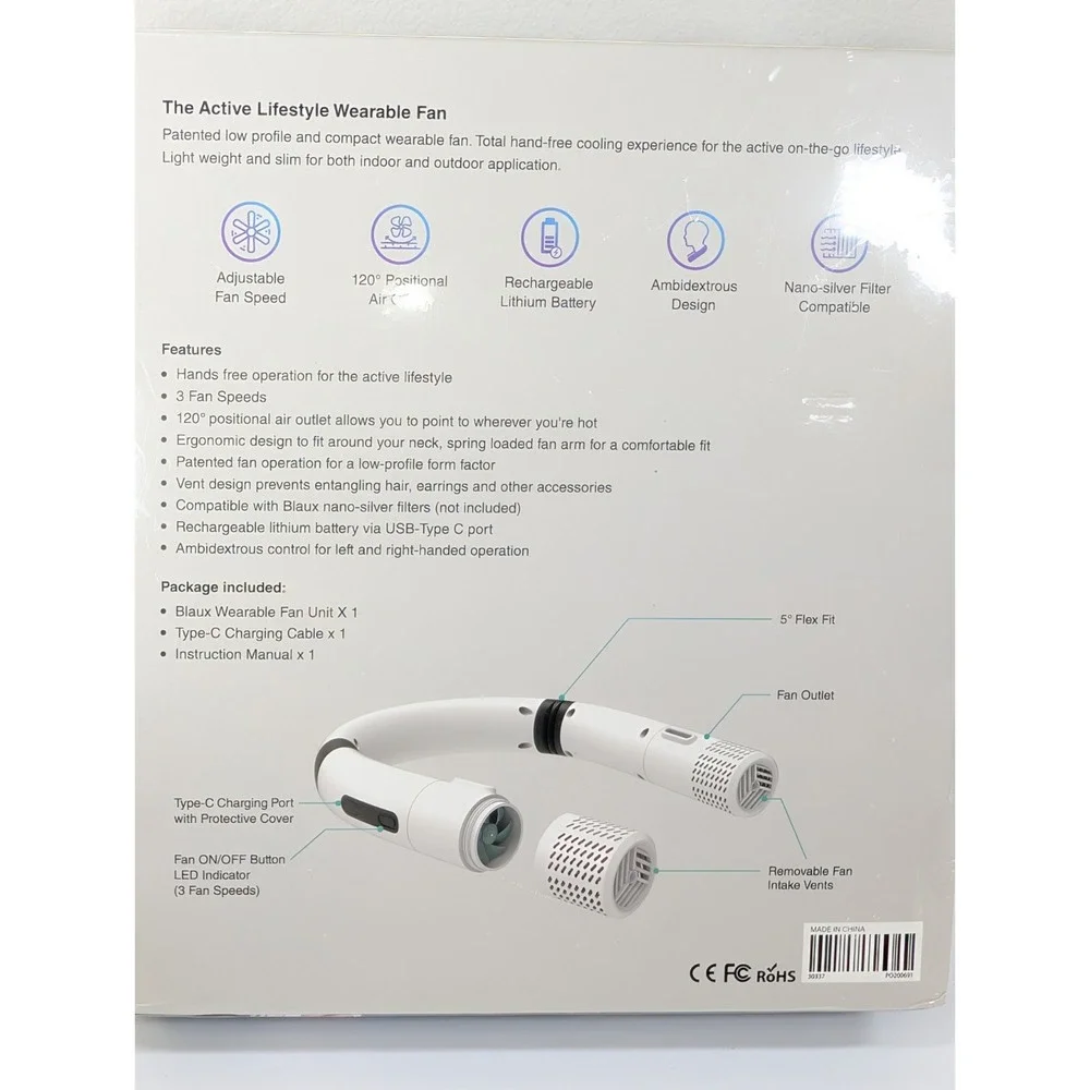 Blaux Wearable AC Plus Neckband Fan Portable New In Box‎